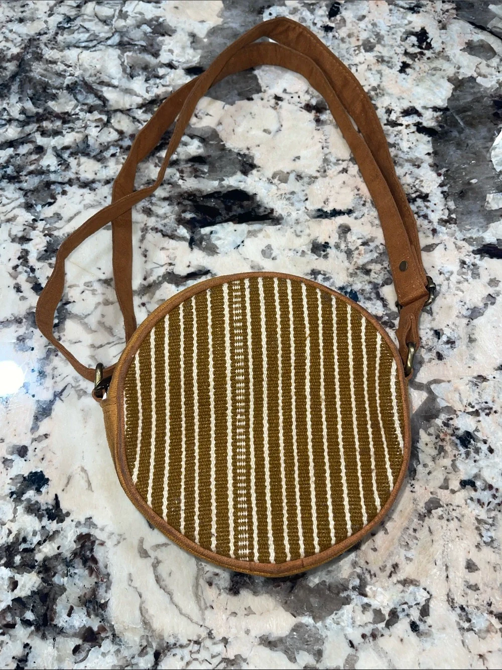 Round Woven Crossbody Bag in Tan with Blue Accent/ 100% handwoven